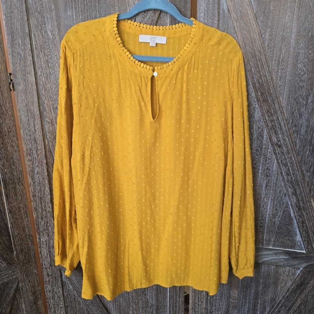 LOFT‎ Shirt Women's Size 20 Mustard Yellow Sheer Blouse Stripes Dots Long Sleeve